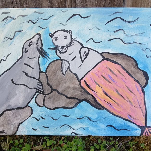 Sea Lions Mermaid Painting Folk Art - Picture 10 of 14